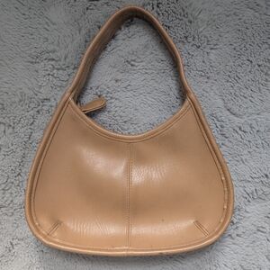 Vintage Camel Tan Shoulder Bag | Early 2000s Y2K Vinyl Purse Interior Zip Pocket